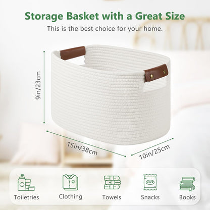 15x10x9 Woven Cotton Rope Storage Basket, Leather Handles