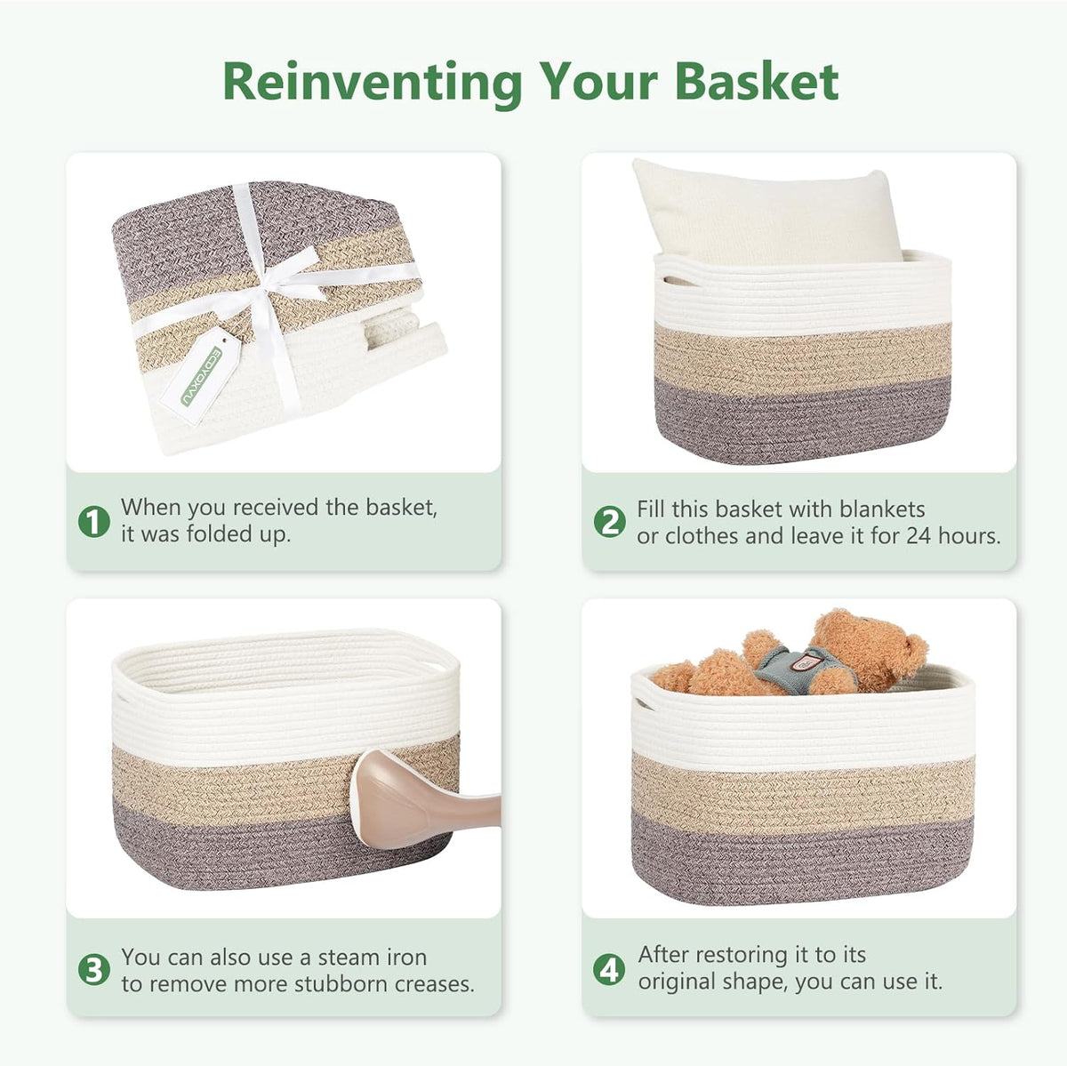15x10x9 Woven Cotton Rope Storage Basket, Leather Handles