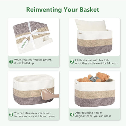 15x10x9 Woven Cotton Rope Storage Basket, Leather Handles