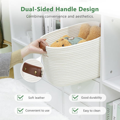 15x10x9 Woven Cotton Rope Storage Basket, Leather Handles