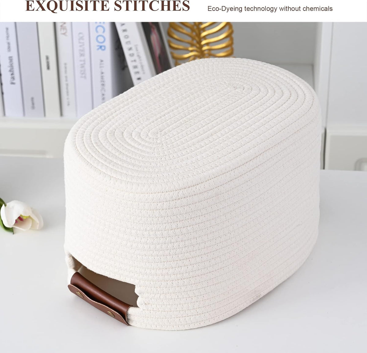 15x10x9 Woven Cotton Rope Storage Basket, Leather Handles