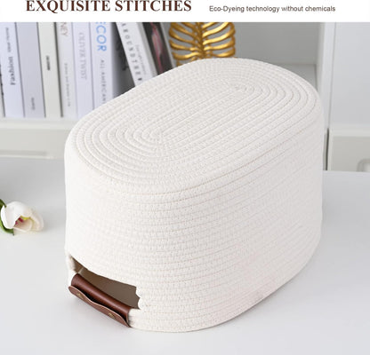 15x10x9 Woven Cotton Rope Storage Basket, Leather Handles