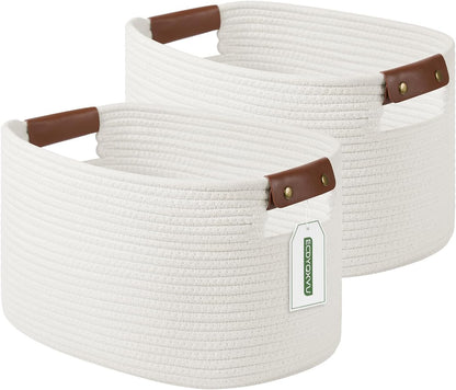 15x10x9 Woven Cotton Rope Storage Basket, Leather Handles