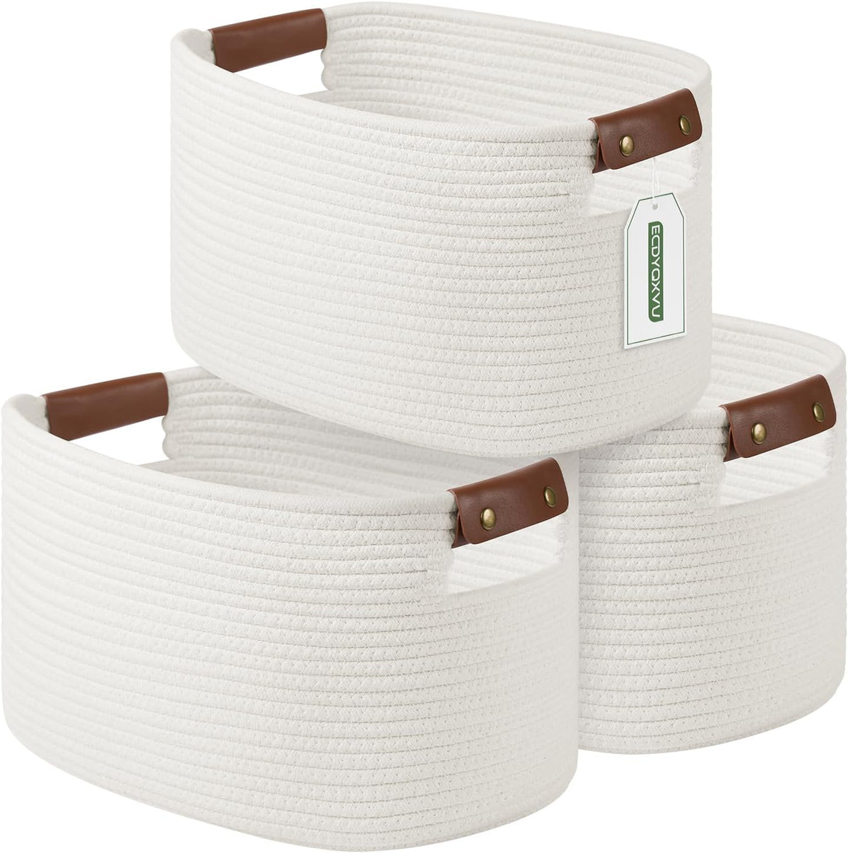 15x10x9 Woven Cotton Rope Storage Basket, Leather Handles