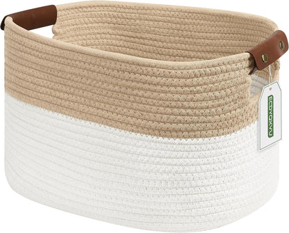 15x10x9 Woven Cotton Rope Storage Basket, Leather Handles
