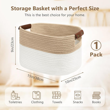 15x10x9 Woven Cotton Rope Storage Basket, Leather Handles