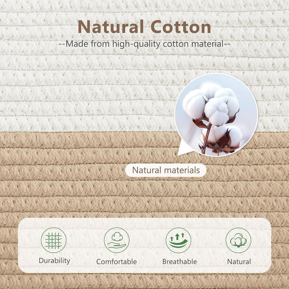 15x10x9 Woven Cotton Rope Storage Basket, Leather Handles