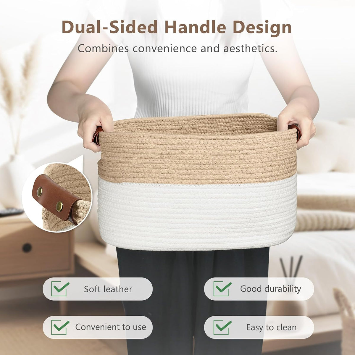 15x10x9 Woven Cotton Rope Storage Basket, Leather Handles