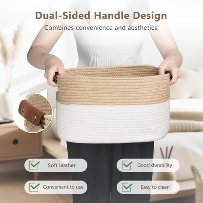 15x10x9 Woven Cotton Rope Storage Basket, Leather Handles
