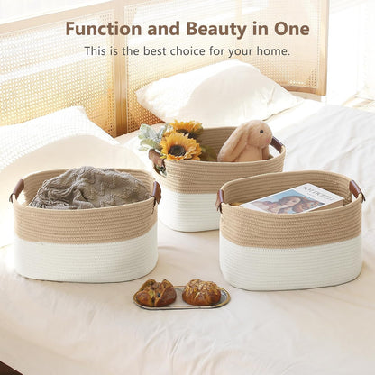 15x10x9 Woven Cotton Rope Storage Basket, Leather Handles