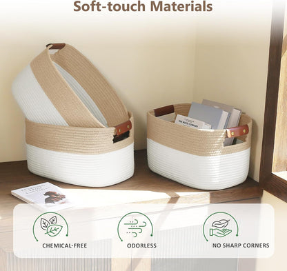 15x10x9 Woven Cotton Rope Storage Basket, Leather Handles