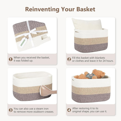 15x10x9 Woven Cotton Rope Storage Basket, Leather Handles