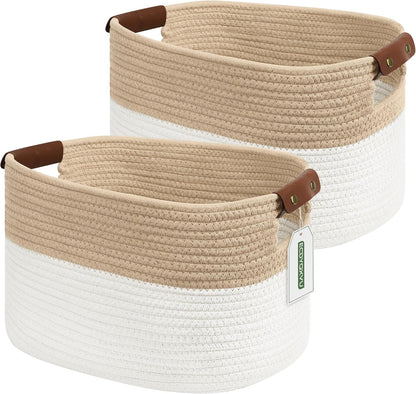 15x10x9 Woven Cotton Rope Storage Basket, Leather Handles