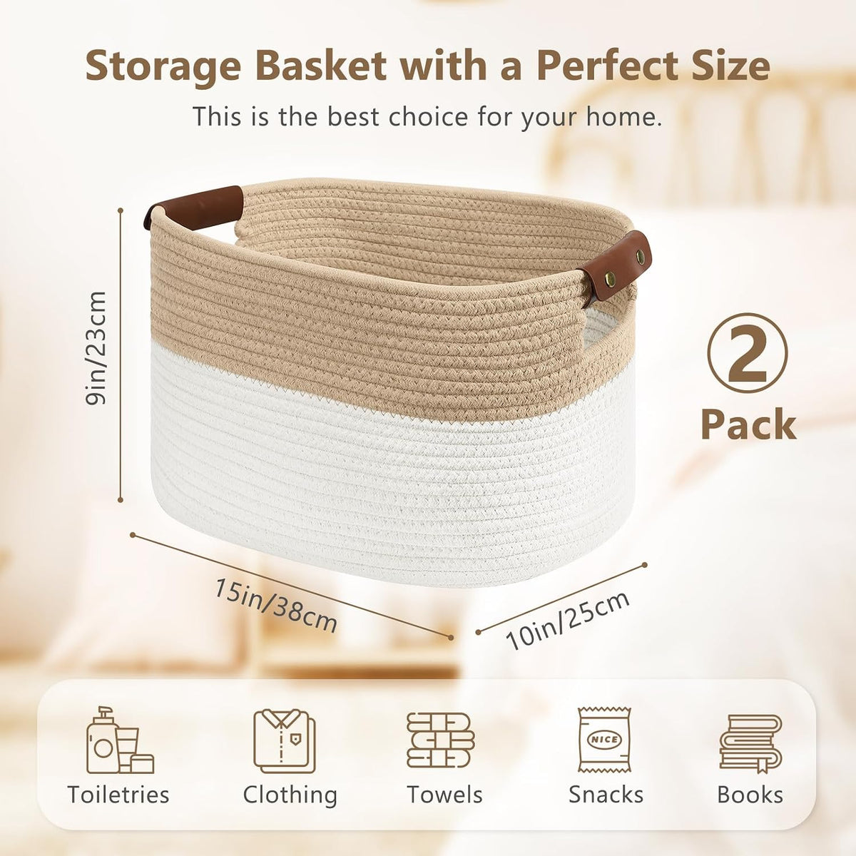 15x10x9 Woven Cotton Rope Storage Basket, Leather Handles