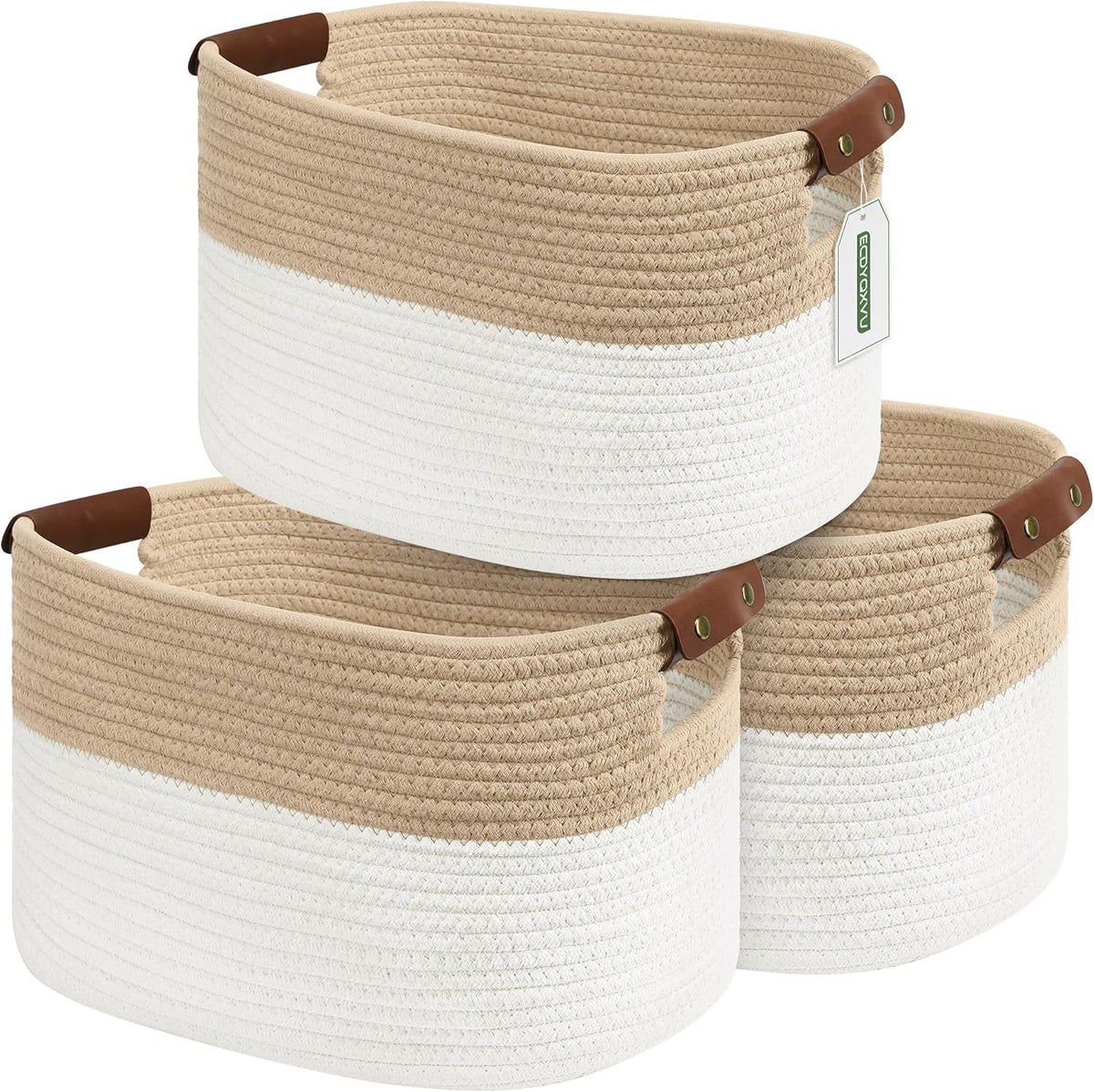 15x10x9 Woven Cotton Rope Storage Basket, Leather Handles