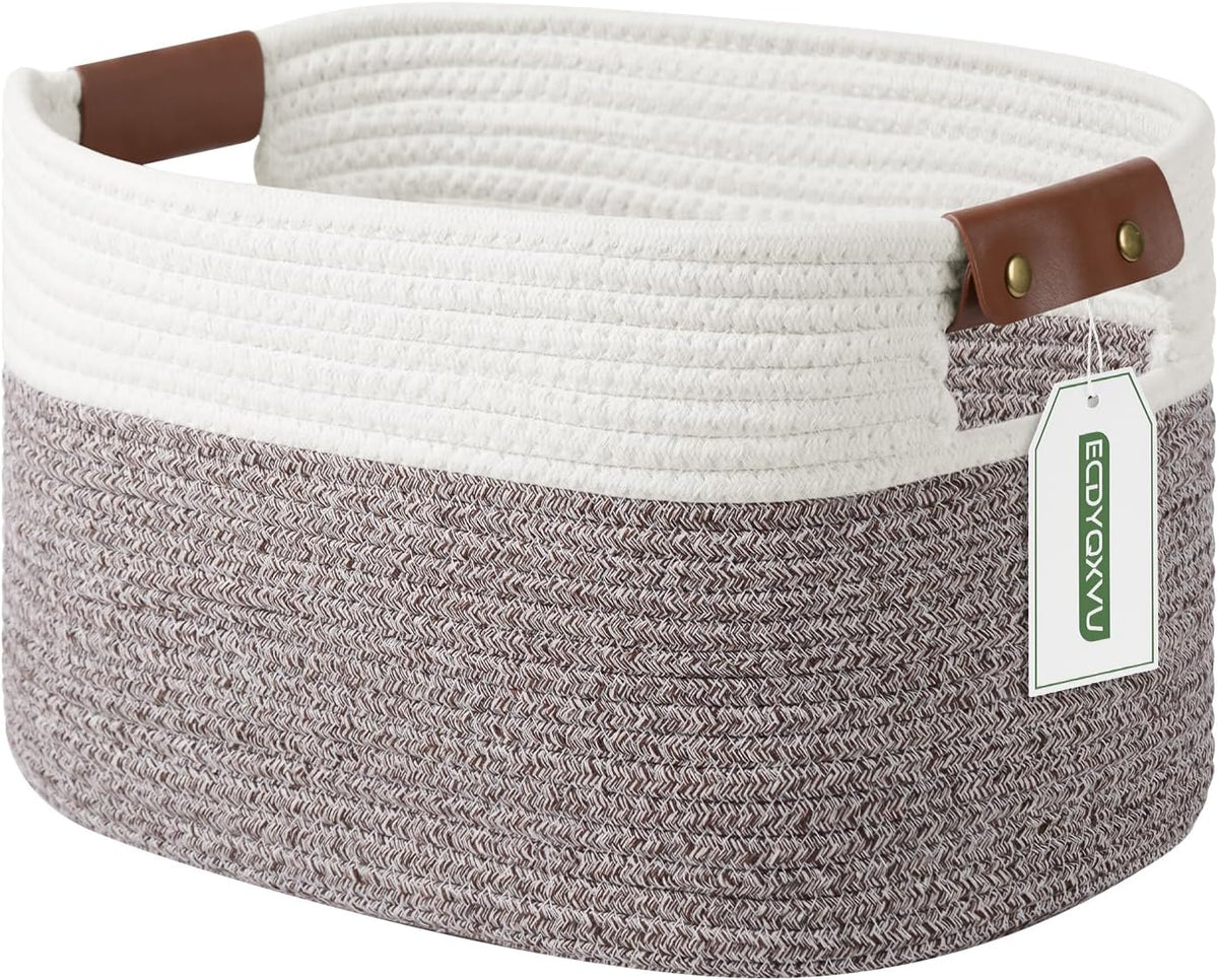 15x10x9 Woven Cotton Rope Storage Basket, Leather Handles
