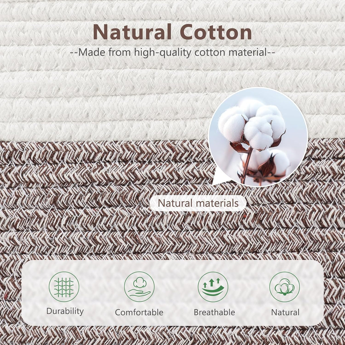 15x10x9 Woven Cotton Rope Storage Basket, Leather Handles