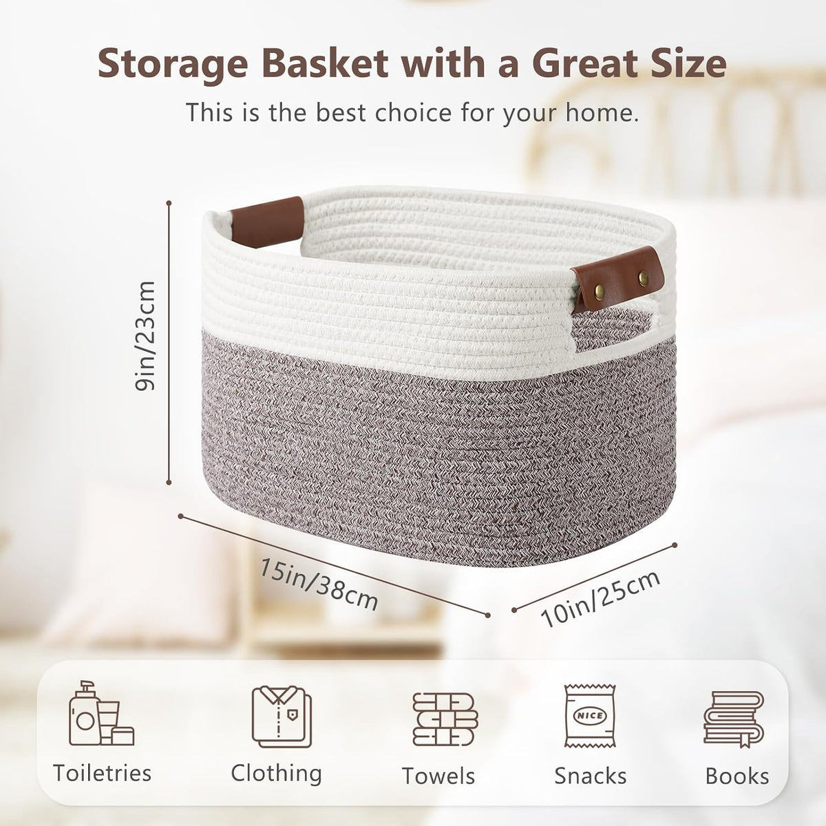 15x10x9 Woven Cotton Rope Storage Basket, Leather Handles
