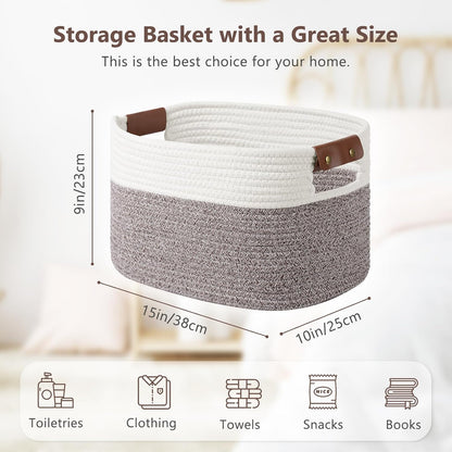 15x10x9 Woven Cotton Rope Storage Basket, Leather Handles