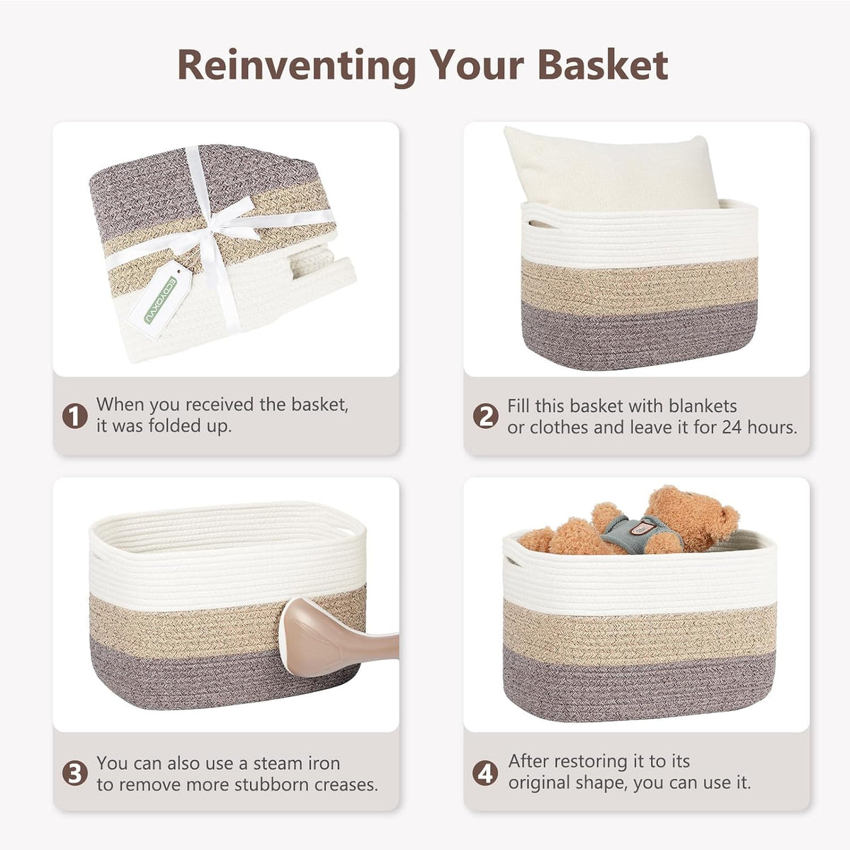 15x10x9 Woven Cotton Rope Storage Basket, Leather Handles