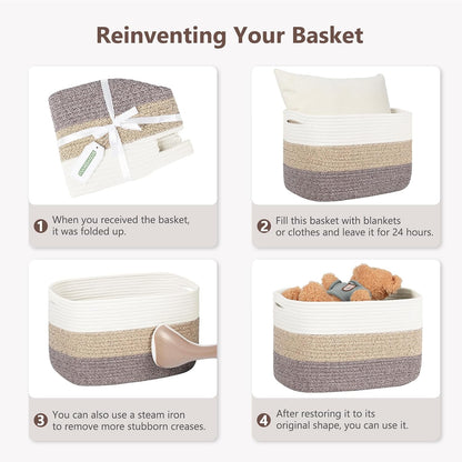 15x10x9 Woven Cotton Rope Storage Basket, Leather Handles