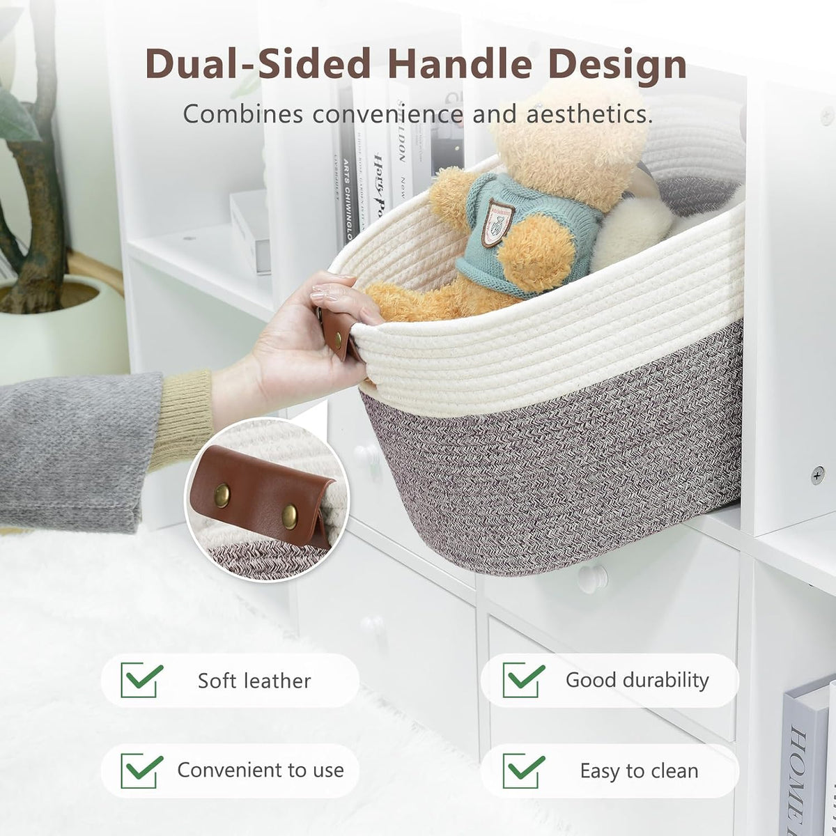 15x10x9 Woven Cotton Rope Storage Basket, Leather Handles