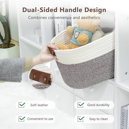 15x10x9 Woven Cotton Rope Storage Basket, Leather Handles
