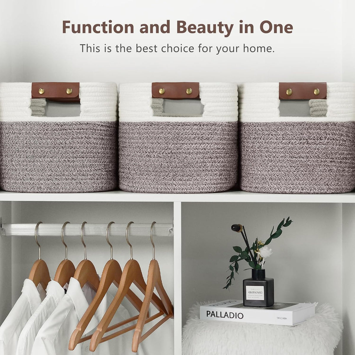 15x10x9 Woven Cotton Rope Storage Basket, Leather Handles