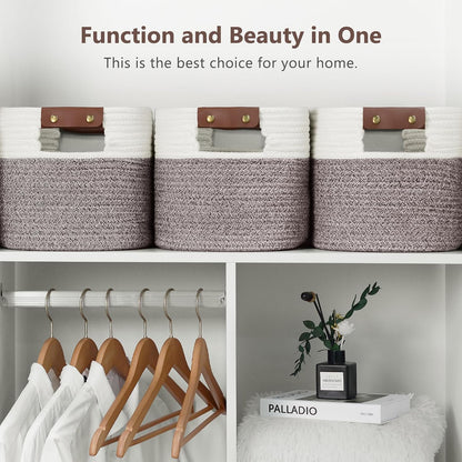 15x10x9 Woven Cotton Rope Storage Basket, Leather Handles