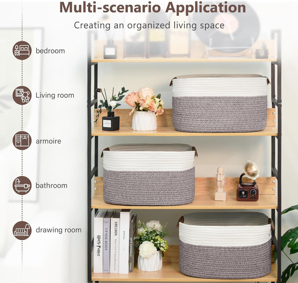 15x10x9 Woven Cotton Rope Storage Basket, Leather Handles