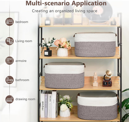 15x10x9 Woven Cotton Rope Storage Basket, Leather Handles