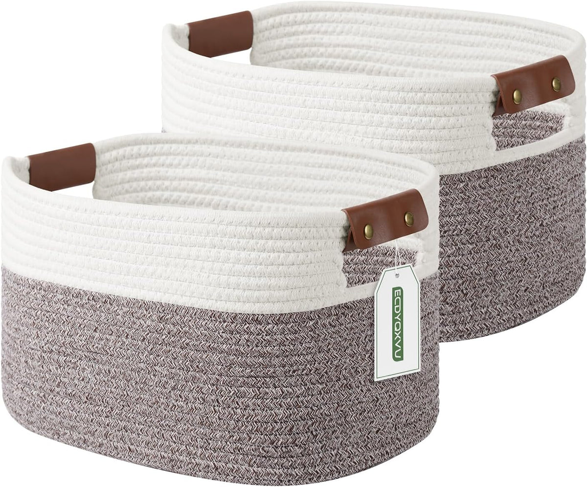 15x10x9 Woven Cotton Rope Storage Basket, Leather Handles