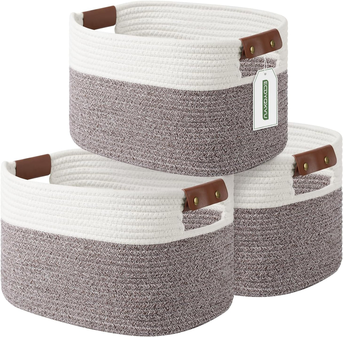 15x10x9 Woven Cotton Rope Storage Basket, Leather Handles