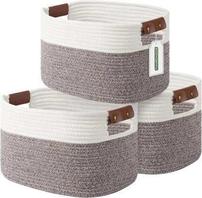 15x10x9 Woven Cotton Rope Storage Basket, Leather Handles