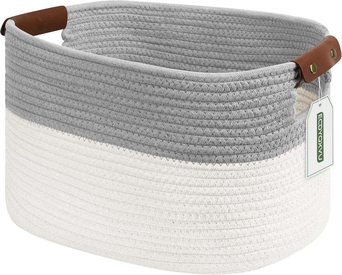 15x10x9 Woven Cotton Rope Storage Basket, Leather Handles