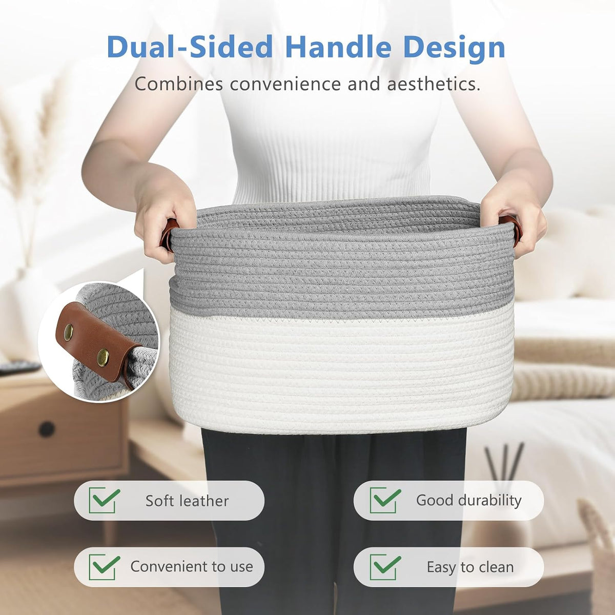 15x10x9 Woven Cotton Rope Storage Basket, Leather Handles