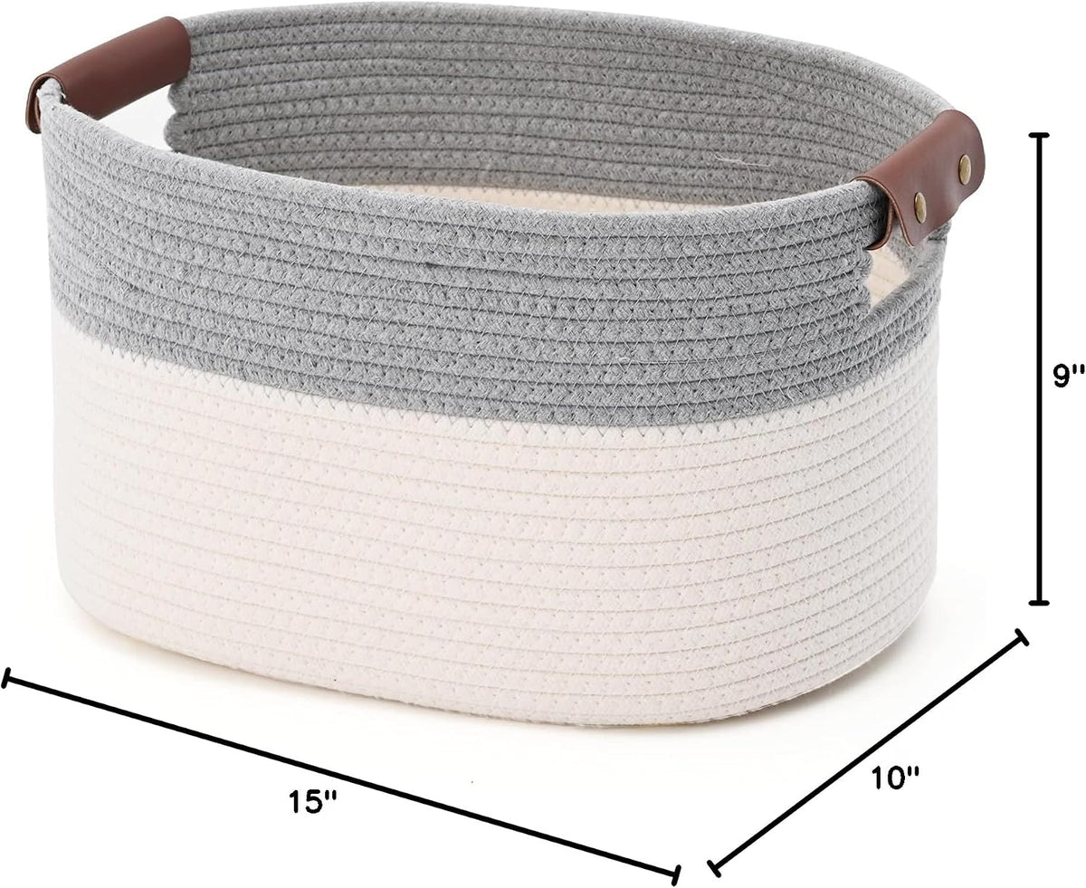 15x10x9 Woven Cotton Rope Storage Basket, Leather Handles