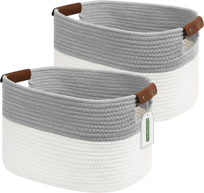 15x10x9 Woven Cotton Rope Storage Basket, Leather Handles