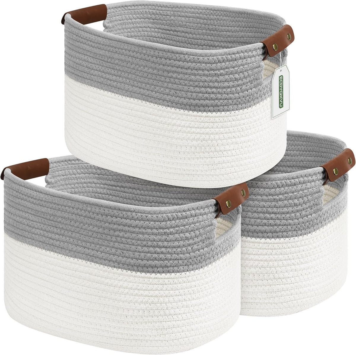 15x10x9 Woven Cotton Rope Storage Basket, Leather Handles