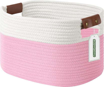 15x10x9 Woven Cotton Rope Storage Basket, Leather Handles