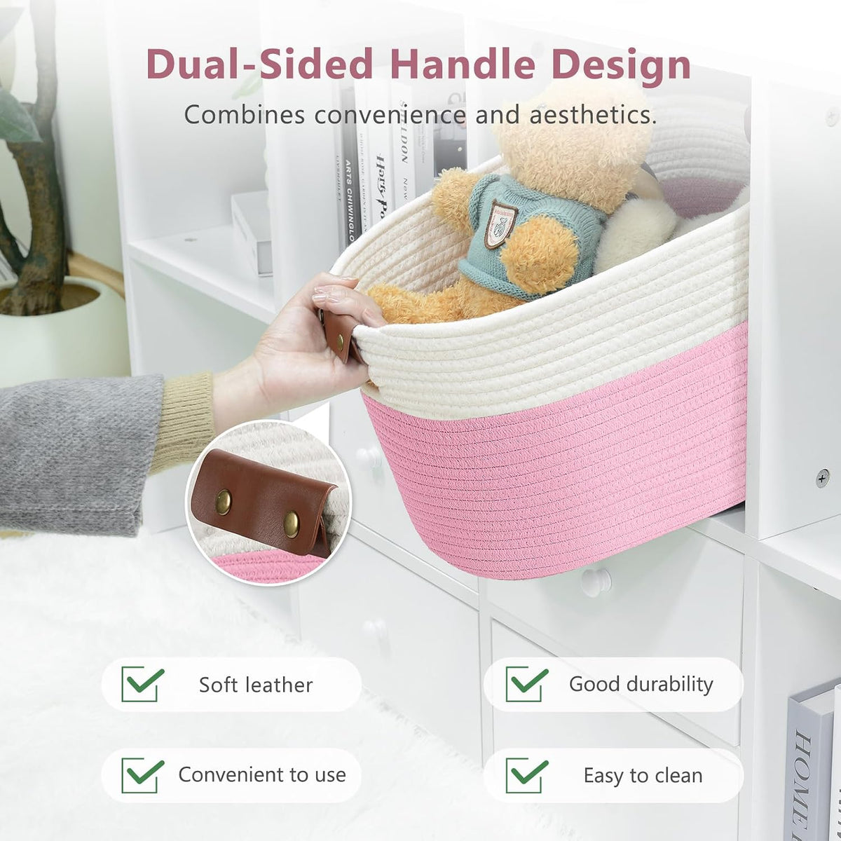 15x10x9 Woven Cotton Rope Storage Basket, Leather Handles