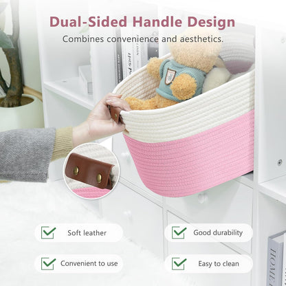 15x10x9 Woven Cotton Rope Storage Basket, Leather Handles