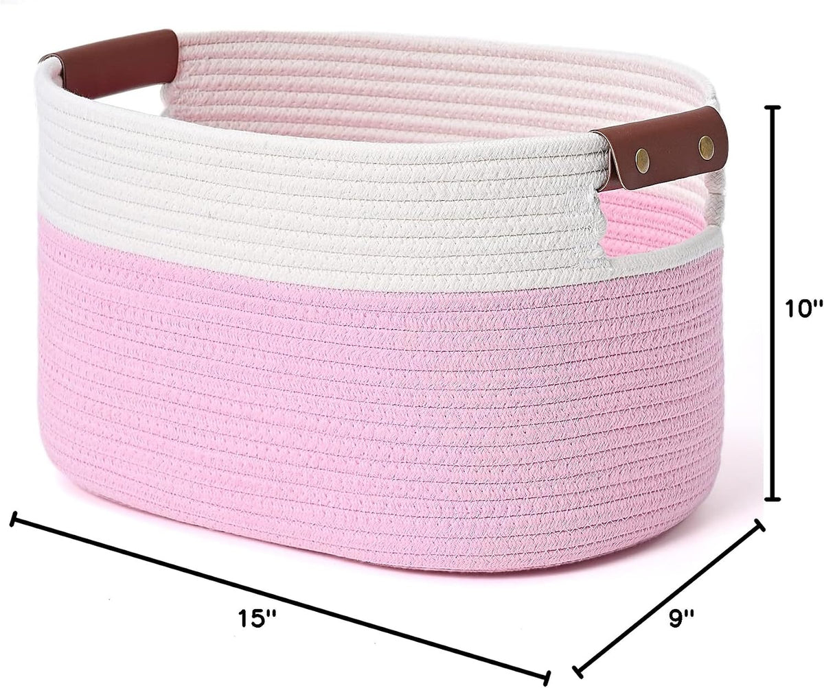 15x10x9 Woven Cotton Rope Storage Basket, Leather Handles