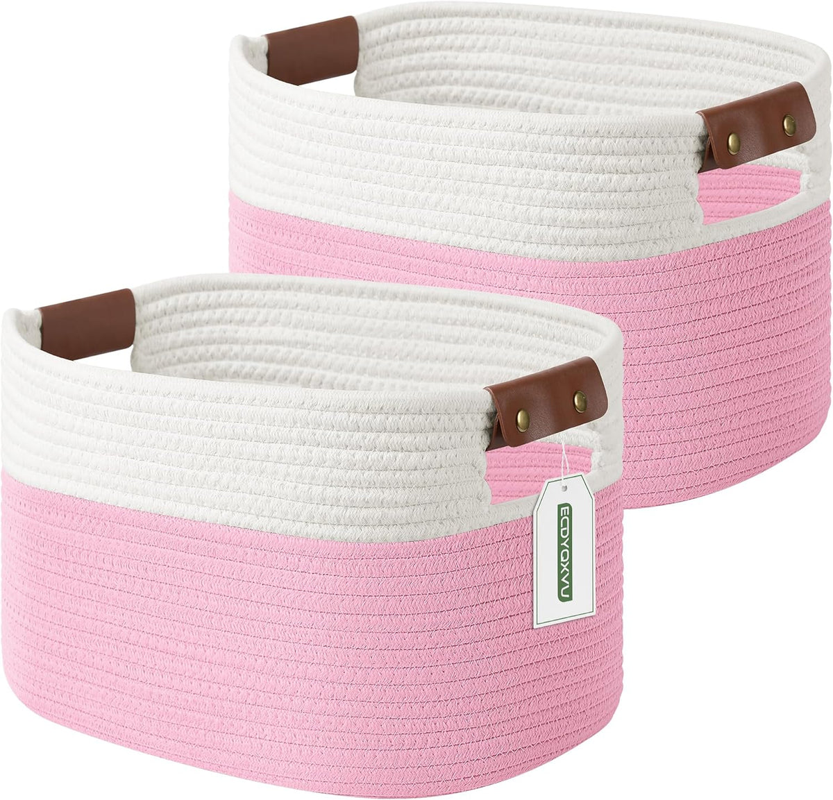 15x10x9 Woven Cotton Rope Storage Basket, Leather Handles
