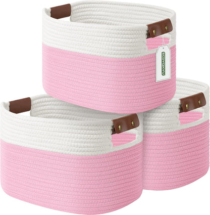 15x10x9 Woven Cotton Rope Storage Basket, Leather Handles