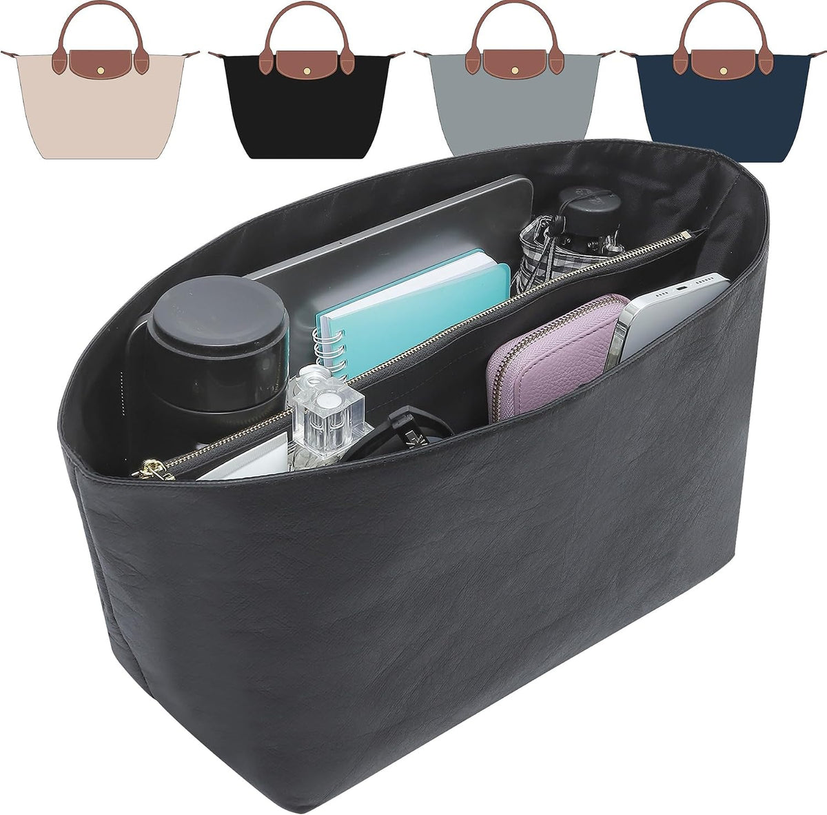 Long Champ Organizer Insert, Bag Organizer Insert for le pliage Large and More, Lightweight Waterproof DupontPaper, Keeps Handbags Shaped & Neat, 6 Compartments, 4 Size (Black, L)