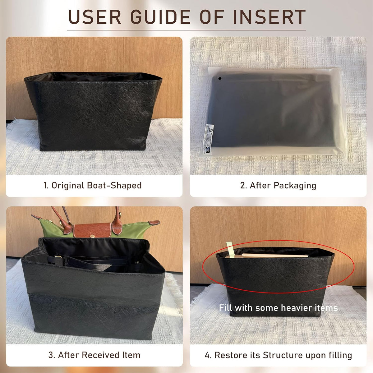 Long Champ Organizer Insert, Bag Organizer Insert for le pliage Large and More, Lightweight Waterproof DupontPaper, Keeps Handbags Shaped & Neat, 6 Compartments, 4 Size (Black, L)