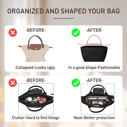 Long Champ Organizer Insert, Bag Organizer Insert for le pliage Large and More, Lightweight Waterproof DupontPaper, Keeps Handbags Shaped & Neat, 6 Compartments, 4 Size (Black, L)