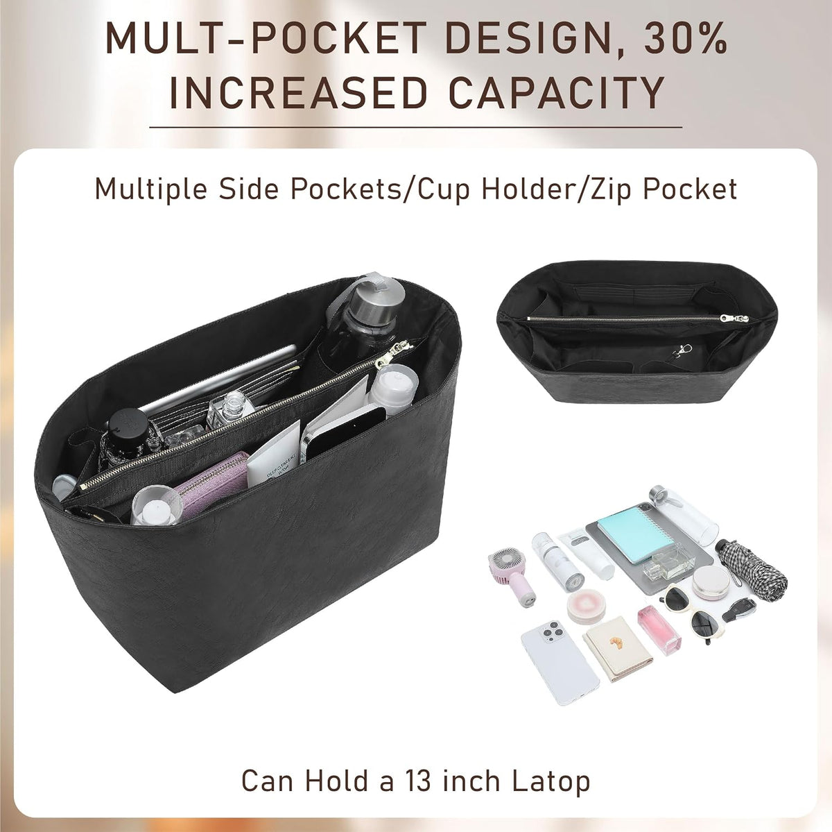 Long Champ Organizer Insert, Bag Organizer Insert for le pliage Large and More, Lightweight Waterproof DupontPaper, Keeps Handbags Shaped & Neat, 6 Compartments, 4 Size (Black, L)