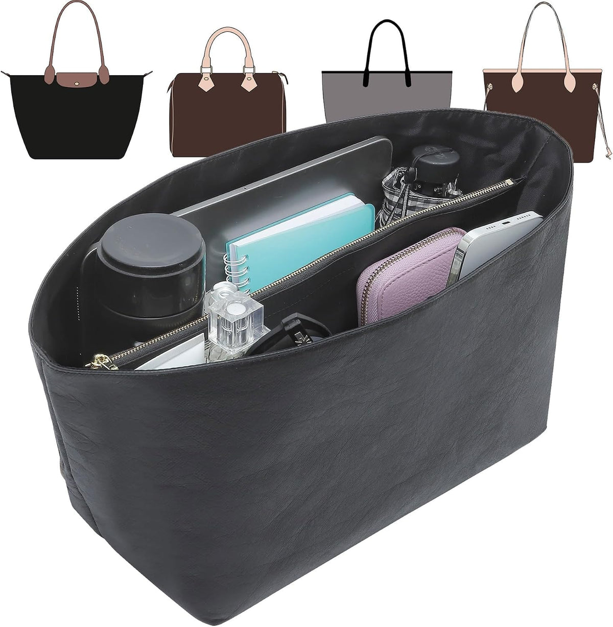 Long Champ Organizer Insert, Bag Organizer Insert for le pliage Large and More, Lightweight Waterproof DupontPaper, Keeps Handbags Shaped & Neat, 6 Compartments, 4 Size (Black, L)